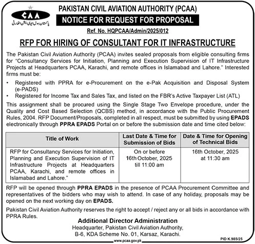 Pakistan Civil Aviation Authority Karachi Tender Notice